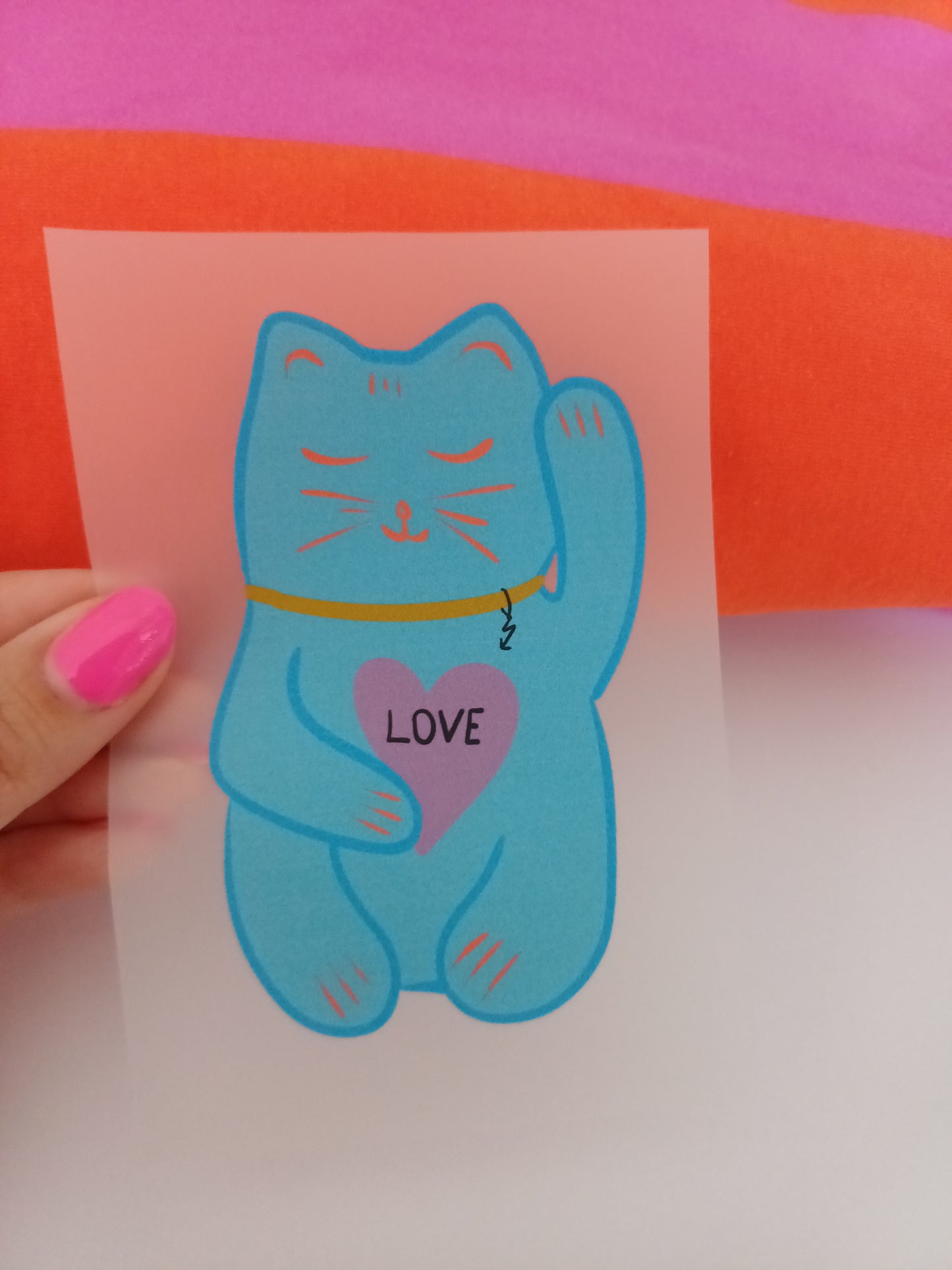 BÜGELBILD Winkekatze blau